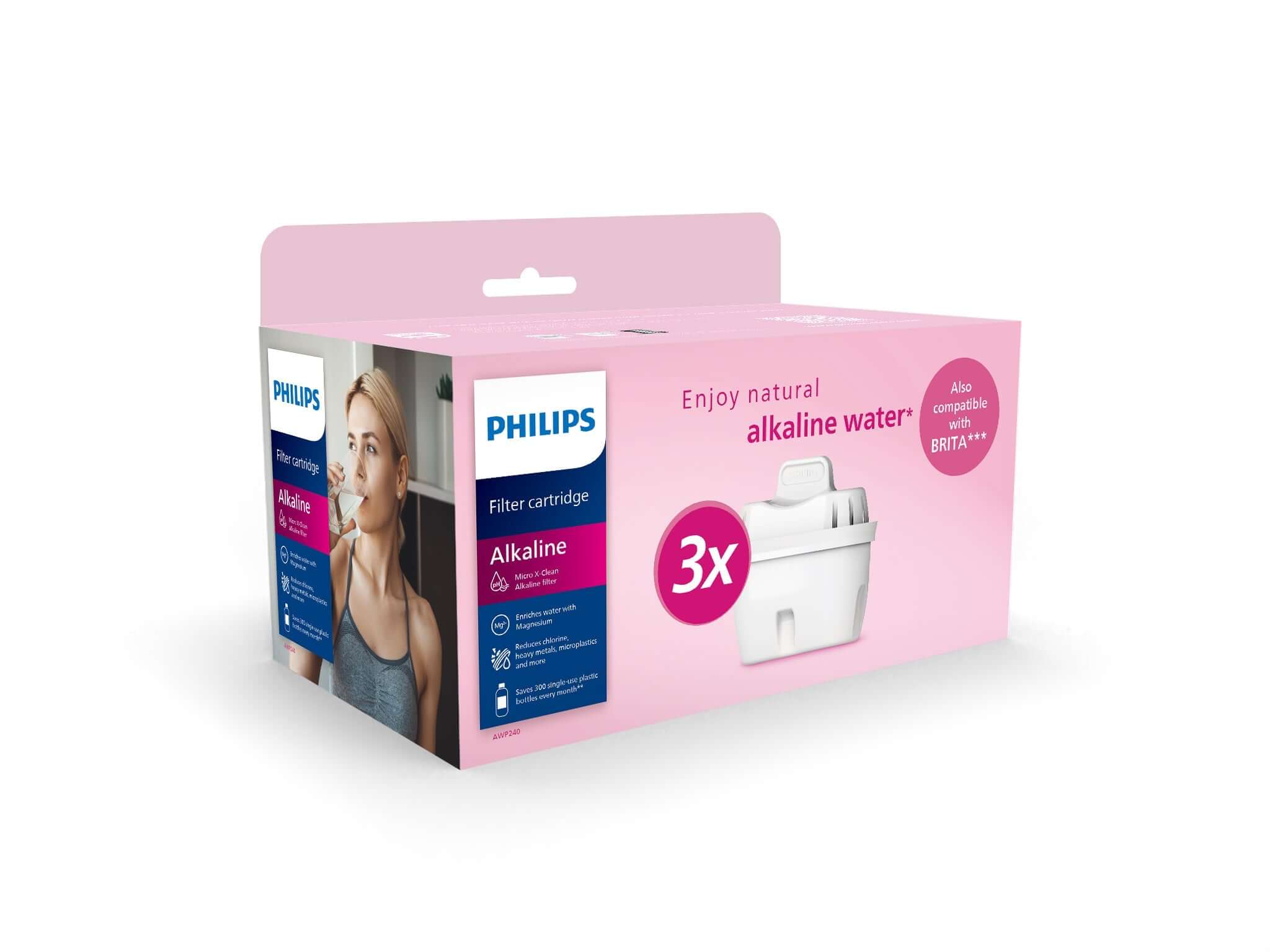 A pink box of Philips Micro X-Clean Alkaline Filter AWP240 for MF Water Station, labeled "3x". This packaging emphasizes the advanced Philips Micro X-Clean Filter, designed to enhance your alkaline water experience.