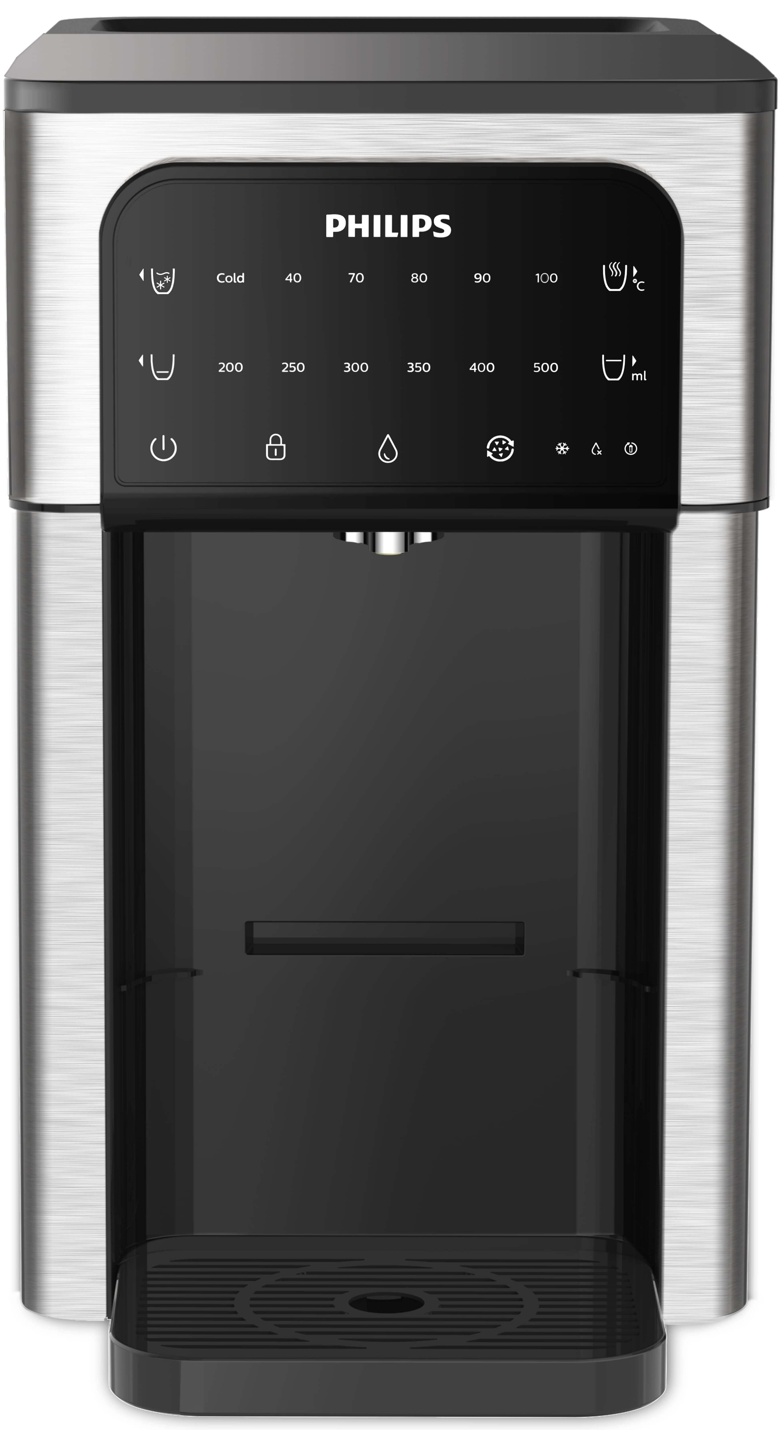 The Philips All-in-One Water Station, gen II ADD5980S/79 with Micro X-Clean filtration, is an elegant silver and black dispenser that includes a digital panel for controlling temperature and volume. It delivers instant filtered water, combining both convenience and sophistication in your kitchen.