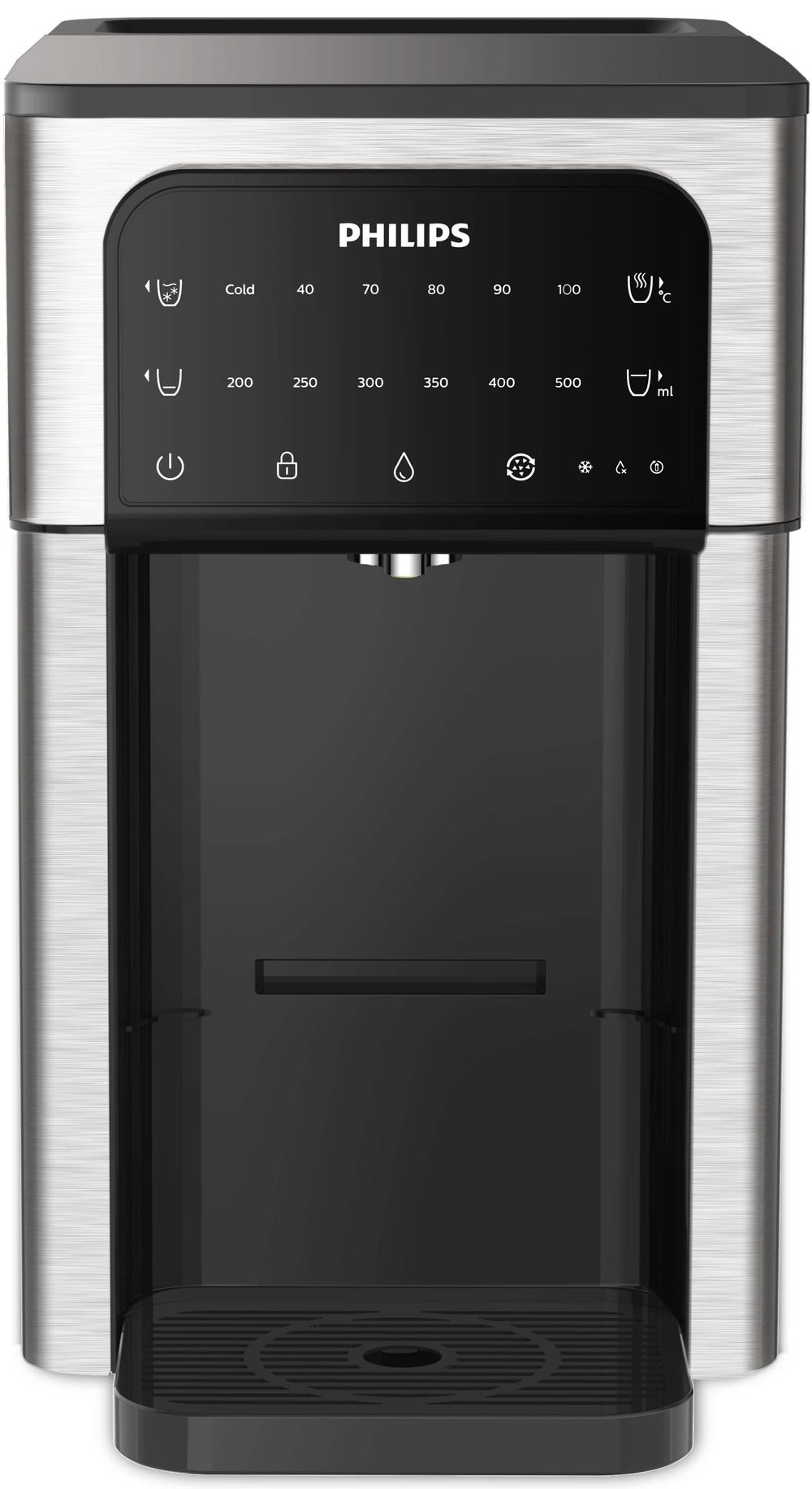 The Philips All-in-One Water Station, gen II ADD5980S/79 with Micro X-Clean filtration, is an elegant silver and black dispenser that includes a digital panel for controlling temperature and volume. It delivers instant filtered water, combining both convenience and sophistication in your kitchen.