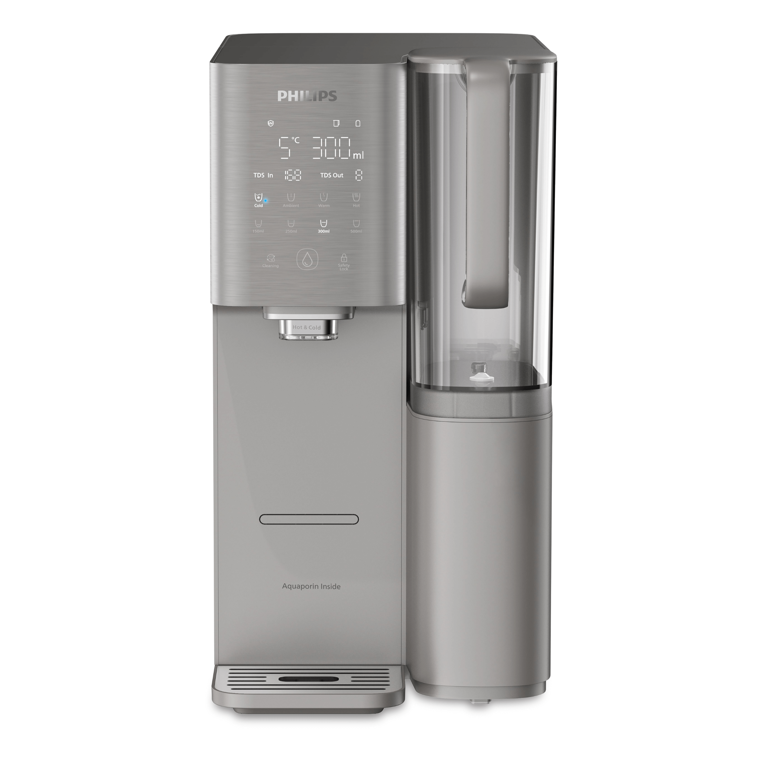 Philips Aquaporin Reverse Osmosis Water Station ADD6921DG/79, gray, with digital display and UV-C LED technology.
