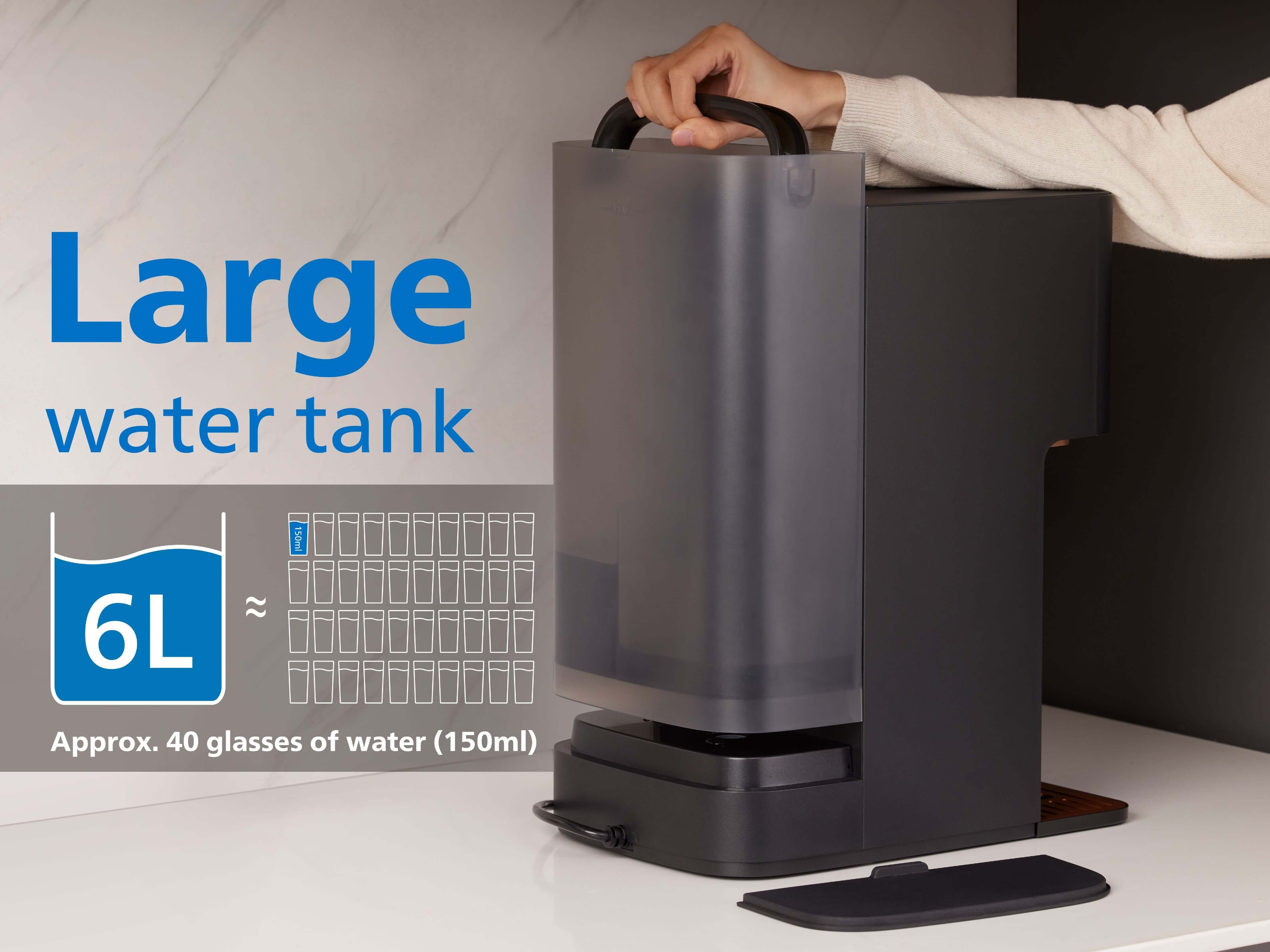 Large 6 litre water wank with the Philips Aquaporin Reverse Osmosis Water Station ADD6920BK/79, 6L capacity, instant heating.