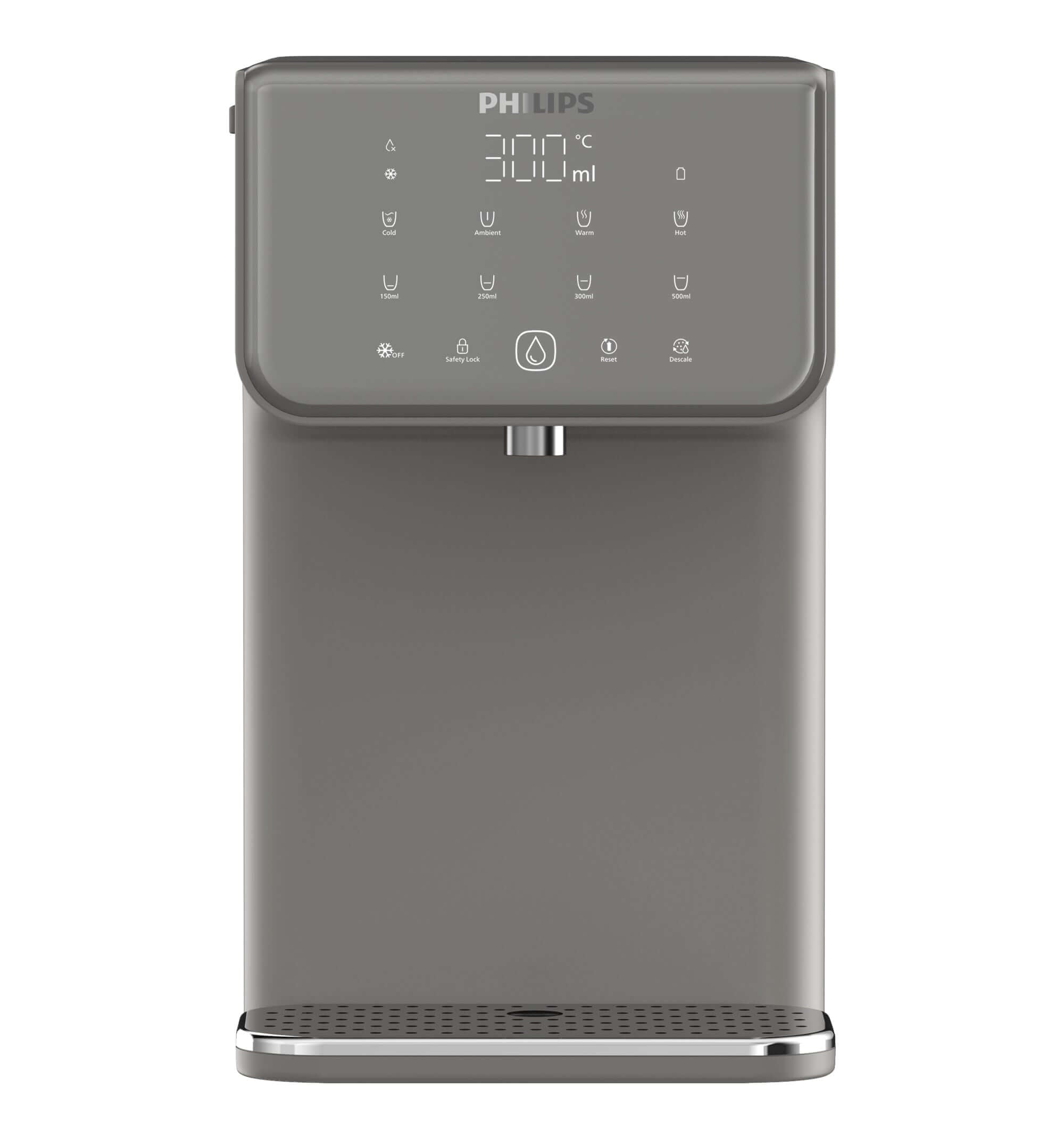 Introducing the Philips Compact Water Station, Hot & Cold ADD5981GR/79. This modern water purifier from Philips features Micro X-Clean filtration, alongside intuitive touch controls and a front display screen. Enjoy hassle-free access to pure, instantly filtered water at any temperature.