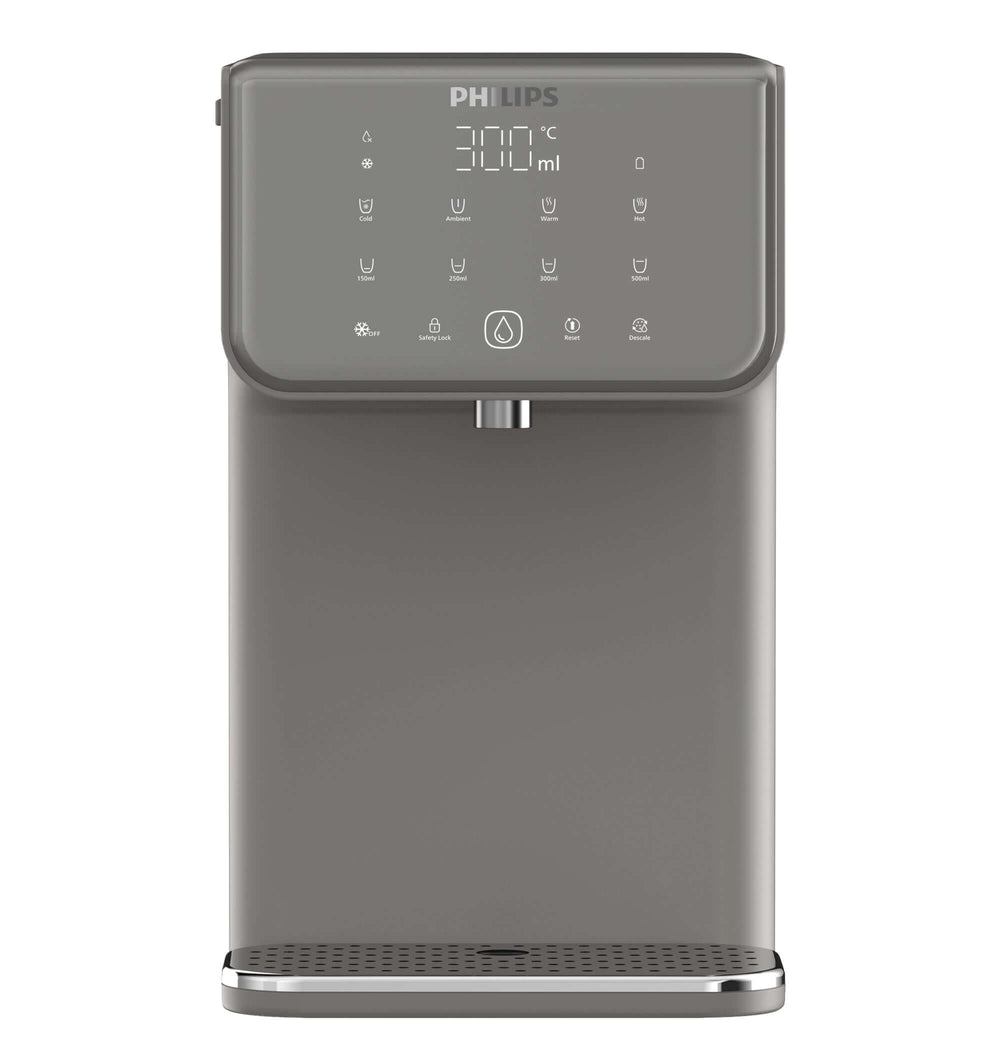 Introducing the Philips Compact Water Station, Hot & Cold ADD5981GR/79. This modern water purifier from Philips features Micro X-Clean filtration, alongside intuitive touch controls and a front display screen. Enjoy hassle-free access to pure, instantly filtered water at any temperature.