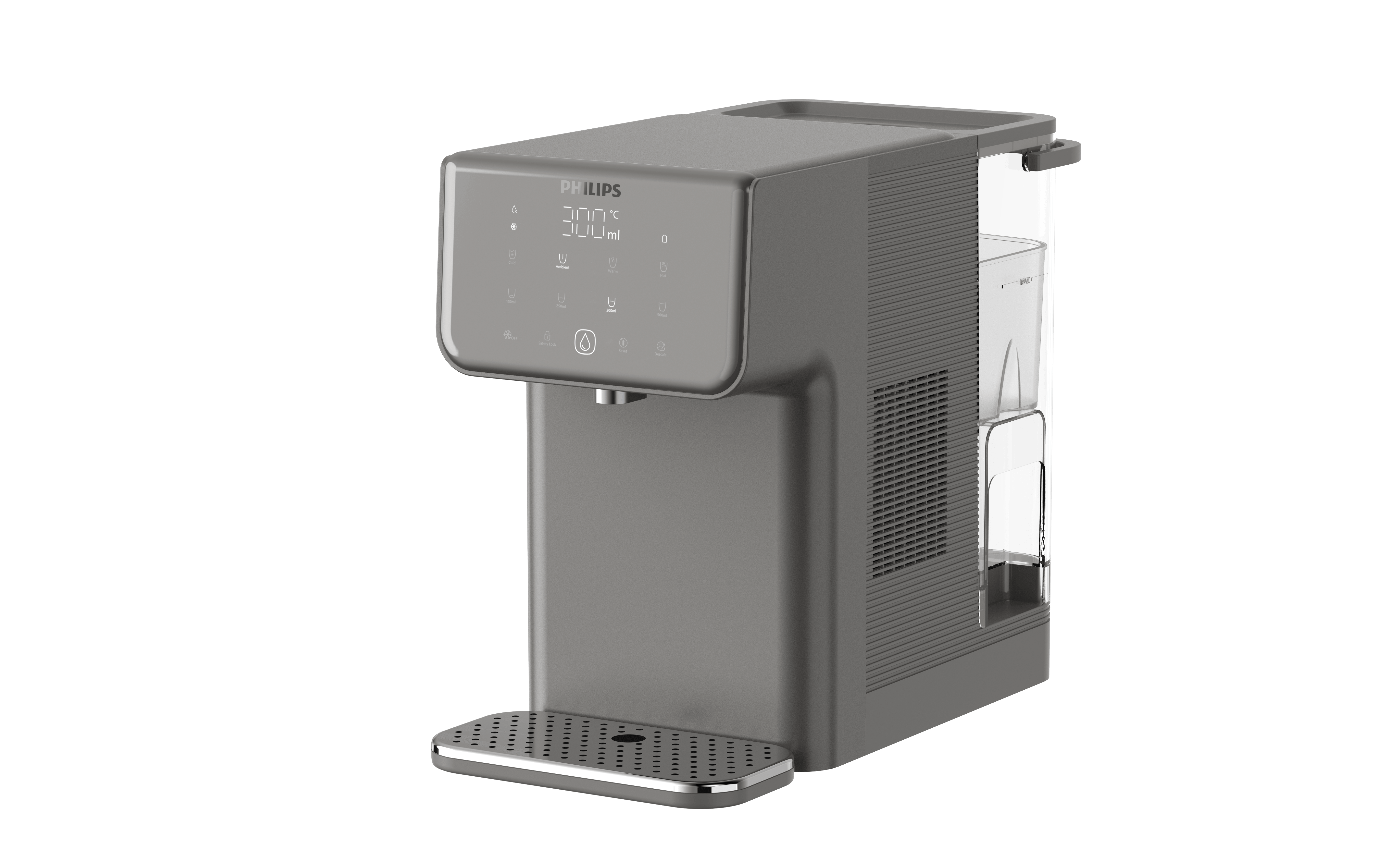 The Philips Compact Water Station, Hot & Cold ADD5981GR/79, boasts a stylish gray design with a digital display and a detachable water tank on the right side. Experience instant hot water with its advanced Micro X-Clean filtration system, making it an ideal addition to modern kitchens.