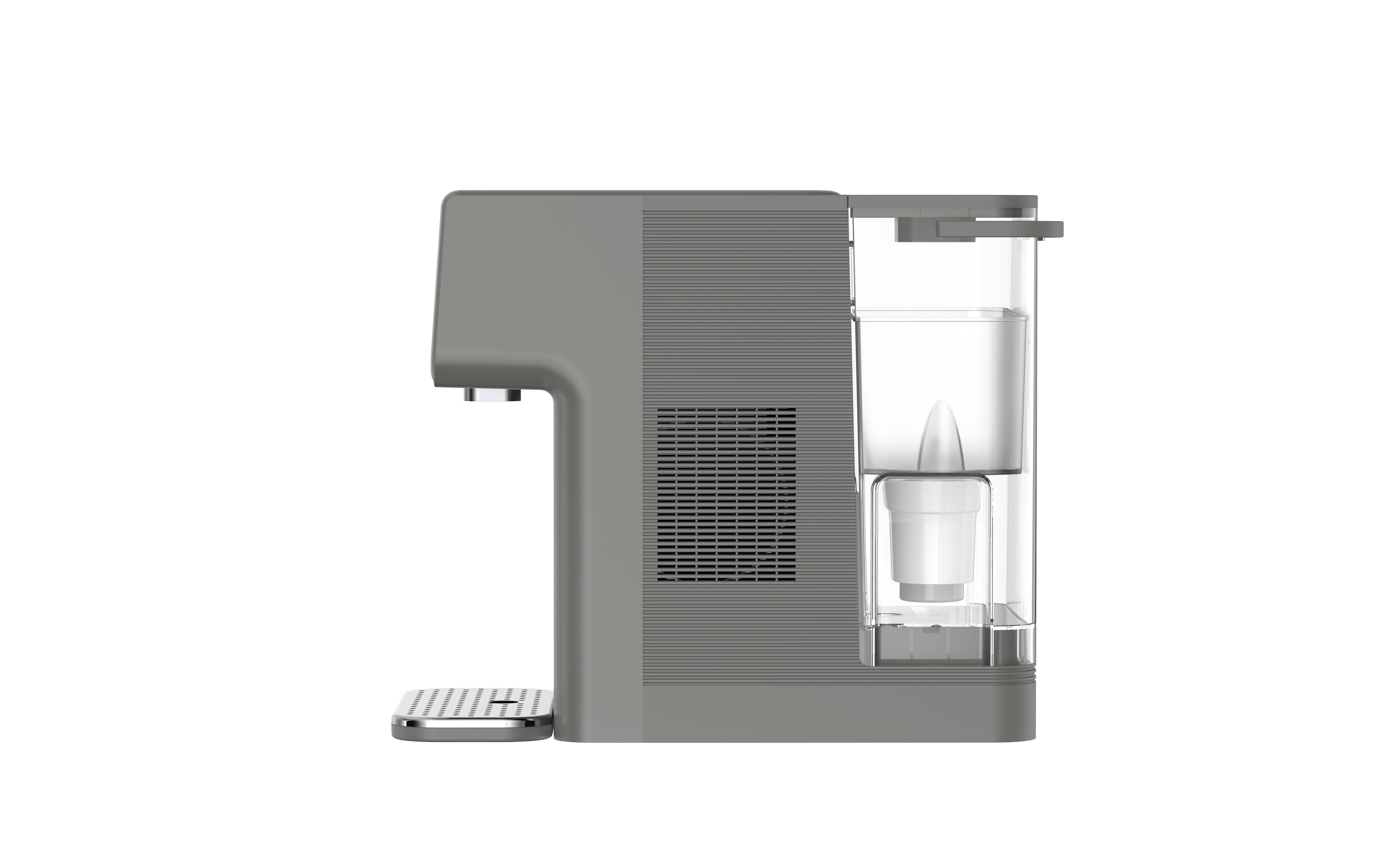 The side view highlights the Philips Compact Water Station, Hot & Cold ADD5981GR/79, displaying a sleek gray design with a transparent water reservoir and equipped with Micro X-Clean filtration for enhanced purity.