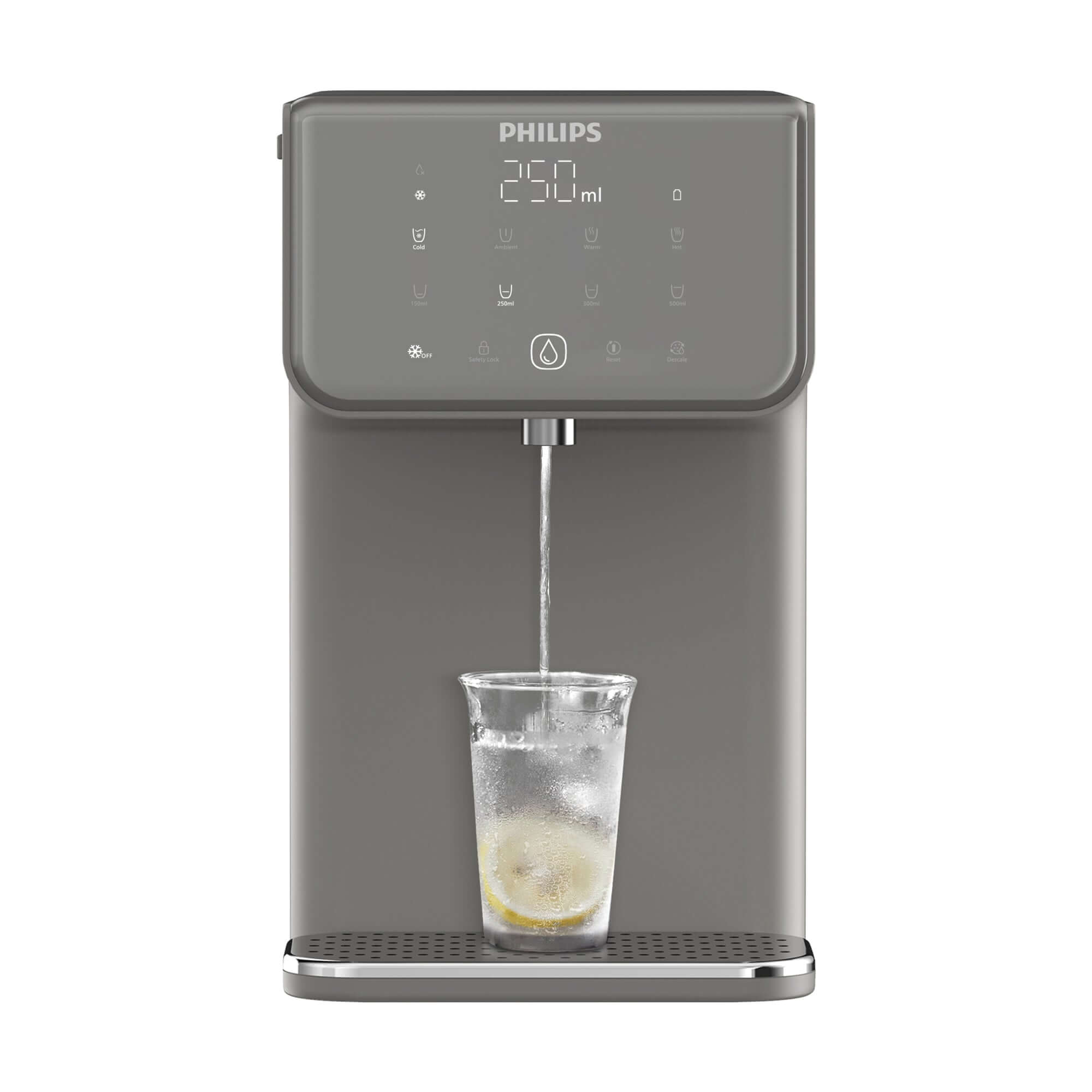 The Philips Compact Water Station, Hot & Cold ADD5981GR/79 with Micro X-Clean filtration, dispenses refreshing ice water into a glass, complete with a lemon slice.