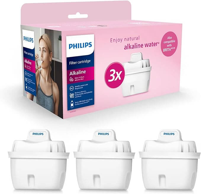 Box of three Philips Micro X-Clean Alkaline Filters AWP240 for MF Water Station, highlighting the innovative Philips Micro X-Clean filtration technology, with individual filters displayed below for optimal mineral infusion.