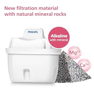 Philips Micro X-Clean Alkaline Filter AWP240 for MF Water Station (12-pack) incorporates natural mineral rocks, providing magnesium and calcium ions for enhanced filtration.