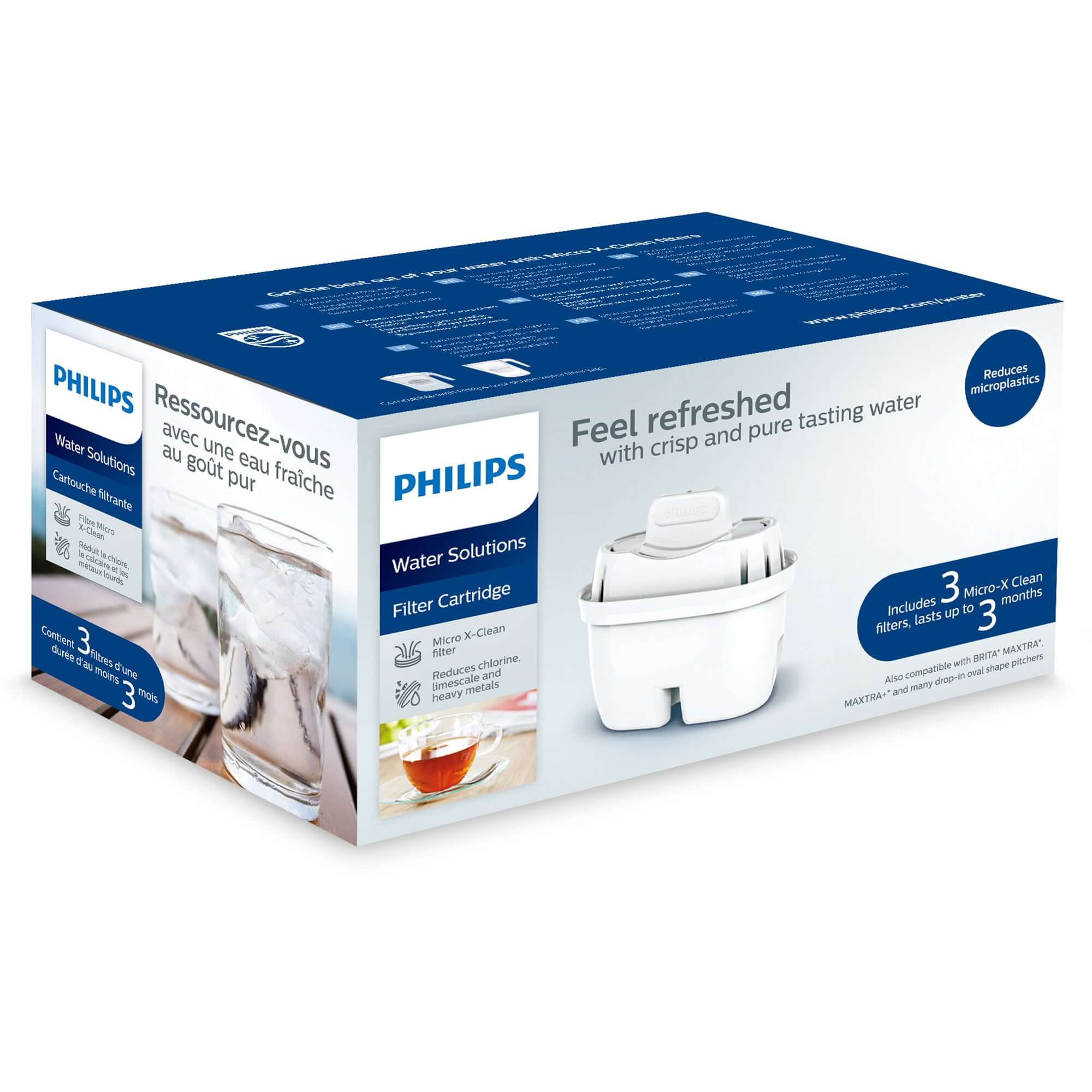 A white and blue box of six Philips Micro X-Clean Carbon Filters AWP211 for MF Water Station, designed to ensure fresh and pure tasting water.