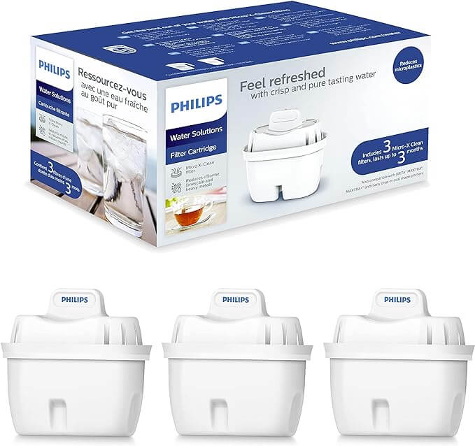 Philips Micro X-Clean Carbon Filter AWP211 for MF Water Station package featuring three cartridges shown below.