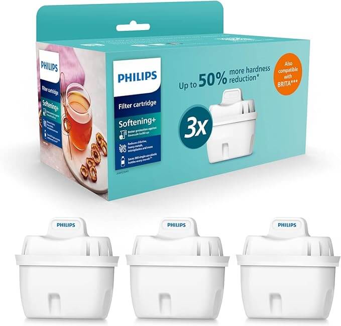 A box for Philips Micro X-Clean Softening Filter AWP230 featuring an image of tea and displaying product features with a six-pack of cartridges designed to reduce water hardness