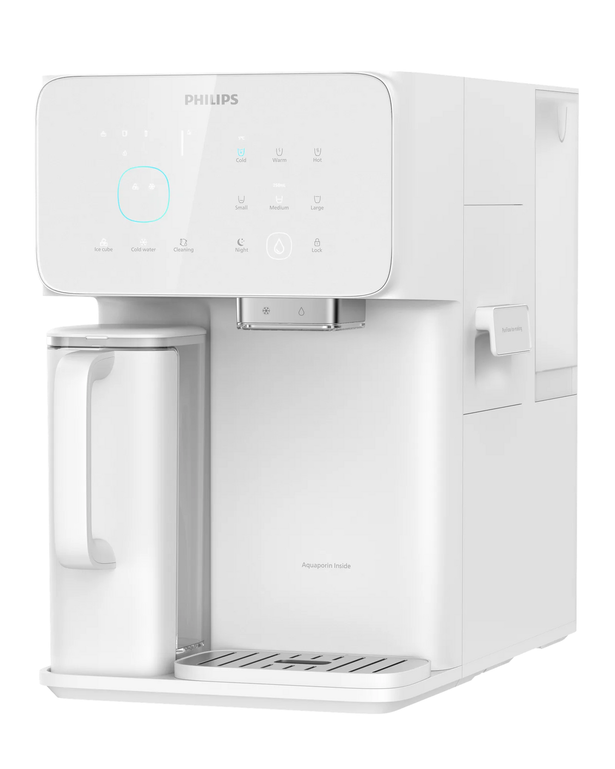 Angled front-right view of the white Philips water station with a touchscreen, water jug, spout, and drip tray.