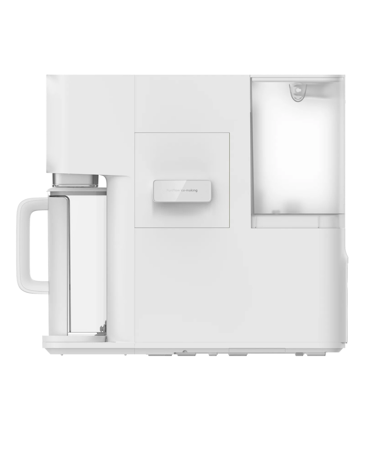 Side view of the white Philips water station showing the water jug on the left, the PuriFlow ice-making panel, and the water tank on the right.