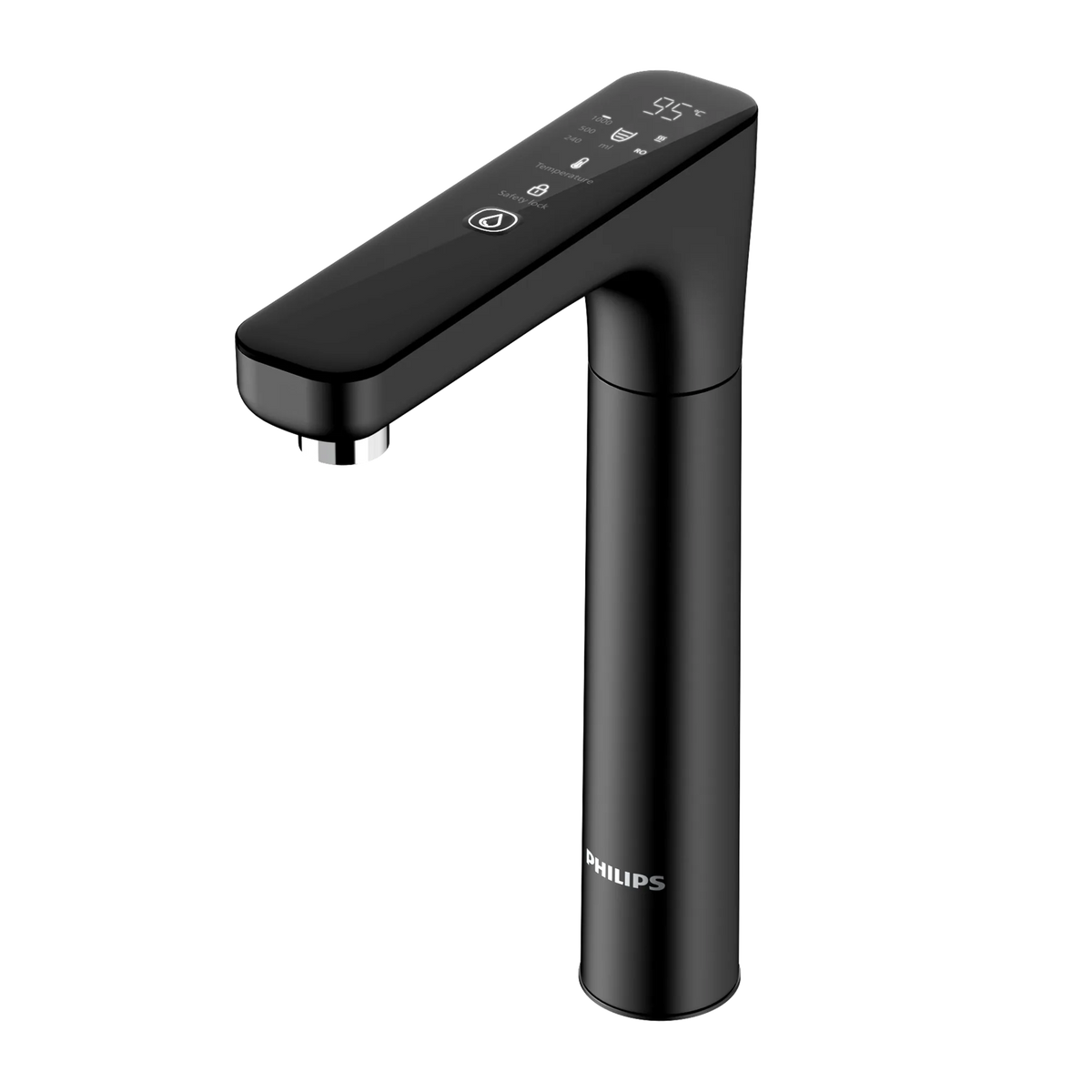 Philips AUT6104 black 7-temperature RO water dispenser tap shown at an angle.