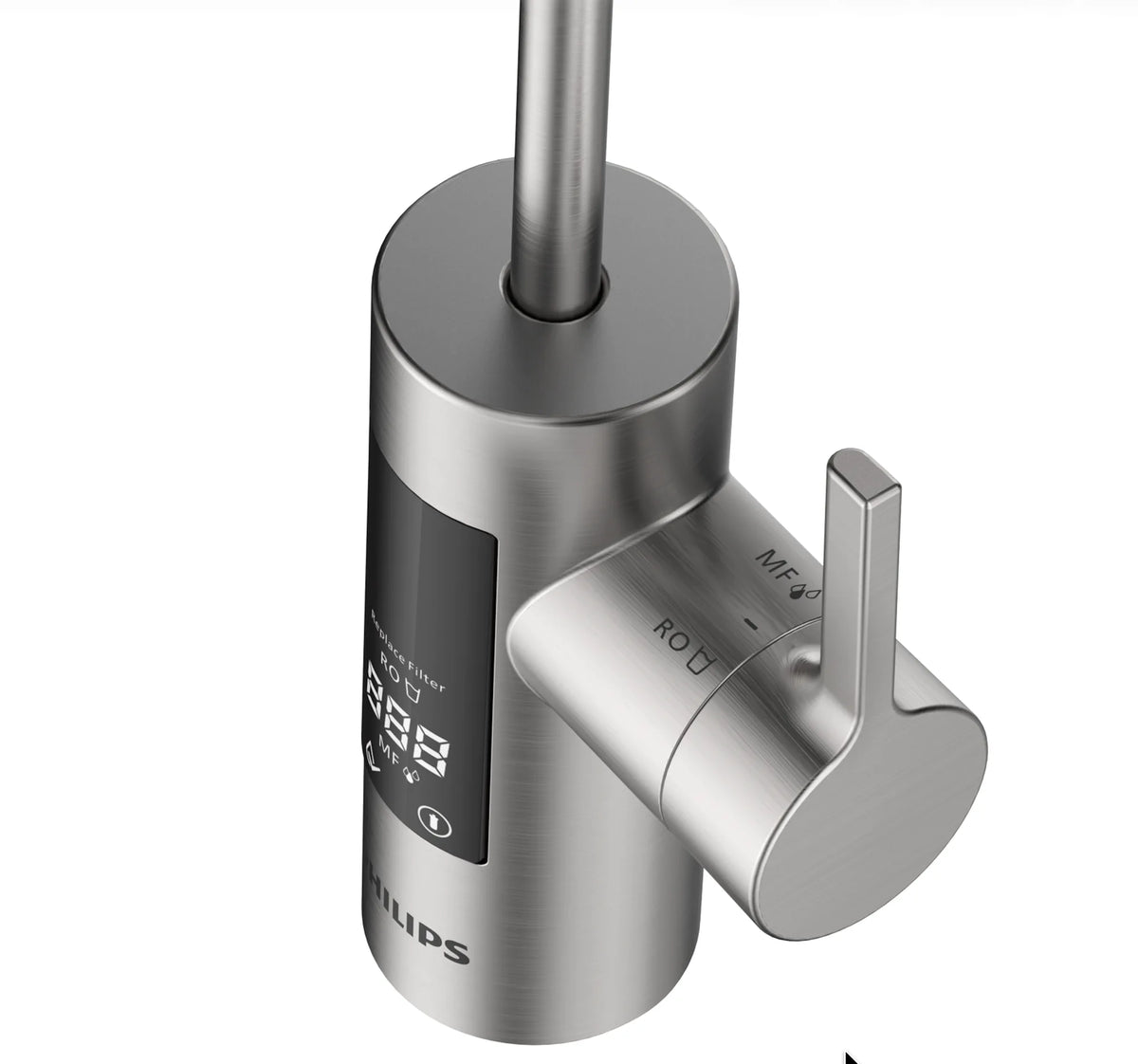 Close-up view of the Philips AUT8990 fast flow RO tap, highlighting the digital display and control lever."