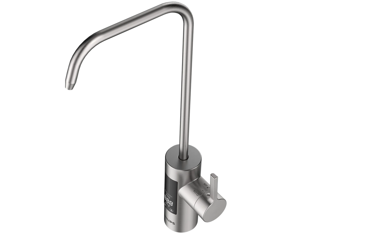 Close-up view of the tap for the Philips AUT8990 fast flow reverse osmosis system.
