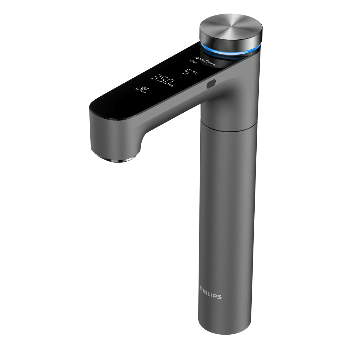 Dark grey Philips RO tap with a touch display showing 350 mL and 5°C, and a blue light ring around the knob for chilled water.