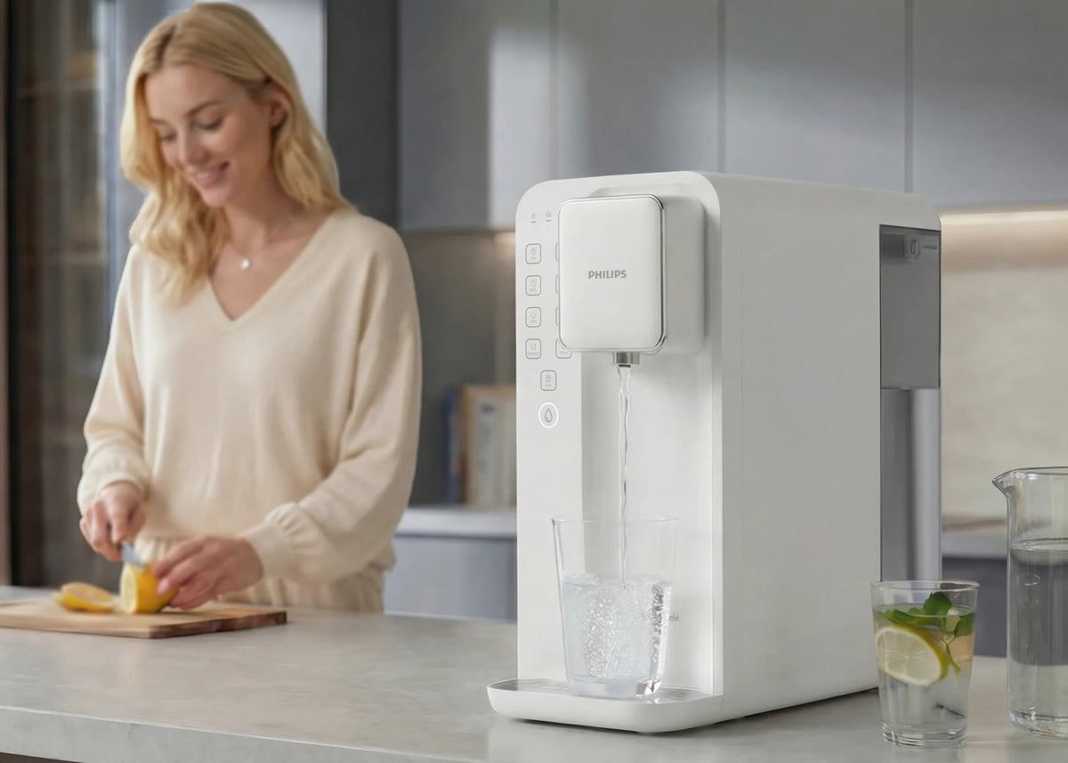 Philips Reverse Osmosis Hot Water Station - 5L Tank, White ADD6914WH on top of table