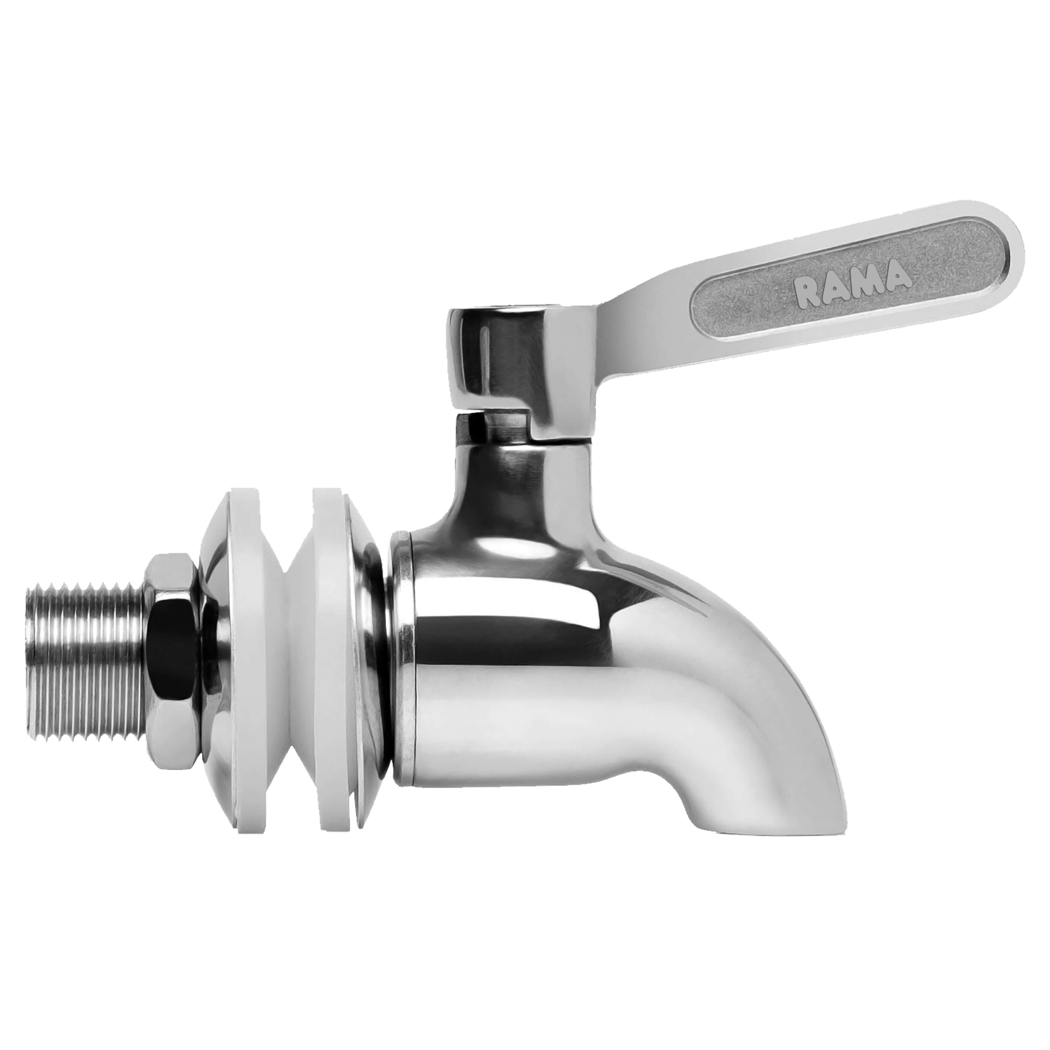 RAMA 304 Grade Stainless Steel Gravity Water Filter Tap displayed horizontally mounted, single-handle water tap with a shiny chrome finish