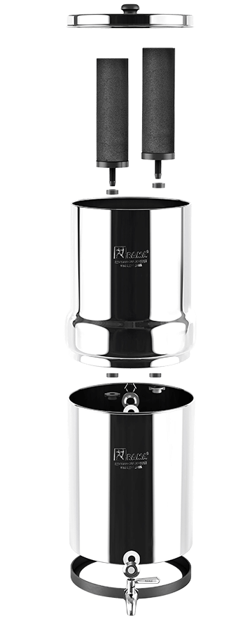 Exploded view of the RAMA stainless steel water filter, featuring two RAMA carbon cartridges, top and bottom tank, a lid, and a spigot at the bottom