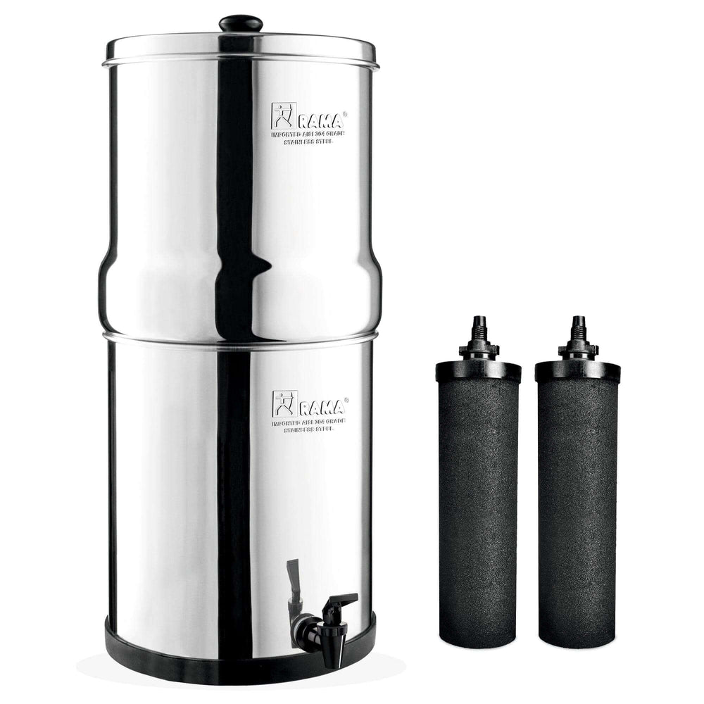 A stainless steel RAMA GRAVITY Water Filter featuring two black cylindirical RAMA Carbon Cartridges.