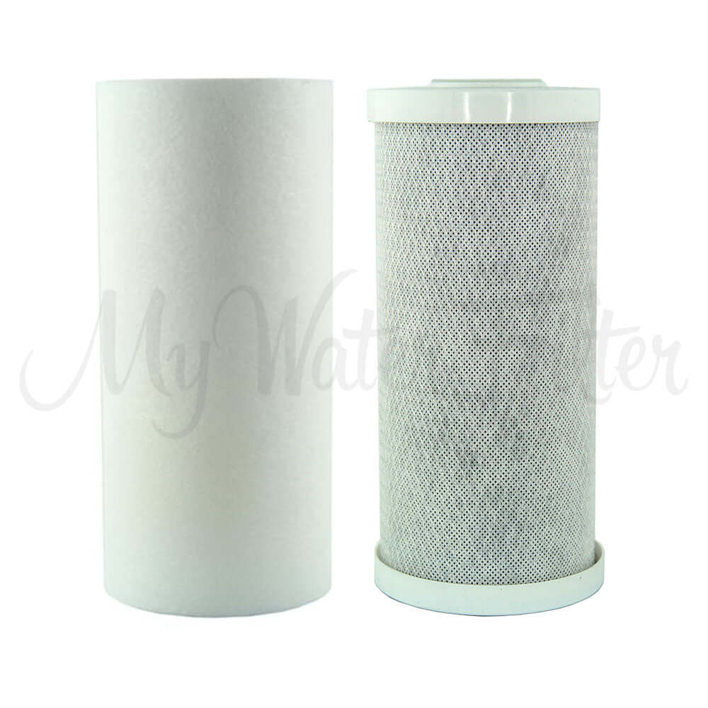 Replacement Cartridge Pack for the MWF 10" x 4.5" Twin Big Blue Whole House Water Filter System includes two cylindrical cartridges: one white polyspun sediment and one gray with mesh pattern carbon block.
