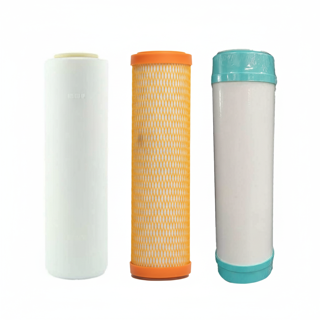 Replacement Cartridge Pack for ULTRAPURE 10" Triple Benchtop/Under Sink Water Filter System with Fluoride Reduction & Alkaline in white background