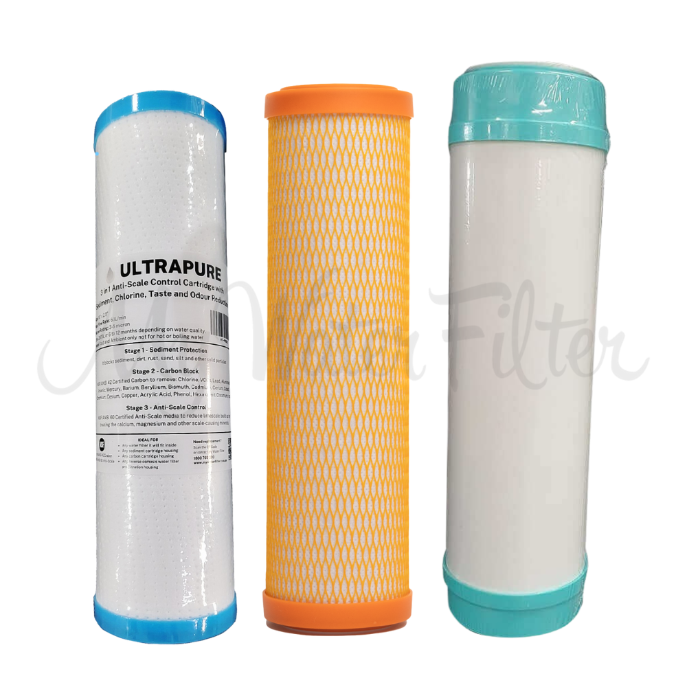 Replacement Cartridge Pack for ULTRAPURE 10" Triple Benchtop/Under Sink Water Filter System with Alkaline & Sediment Protection