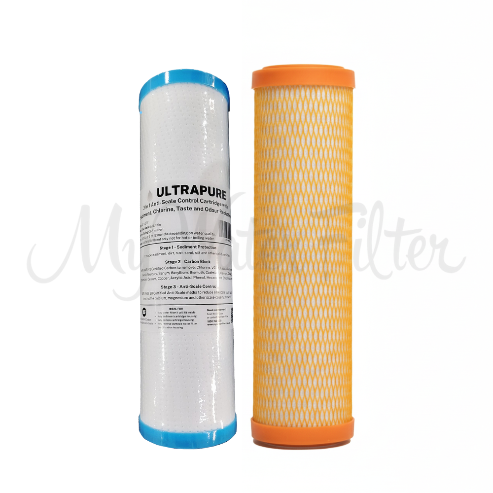 Two cartridge filters, one ULTRAPURE 3-in-1 Anti-Scale and the 10" Disruptor cartridge, on a white background.
