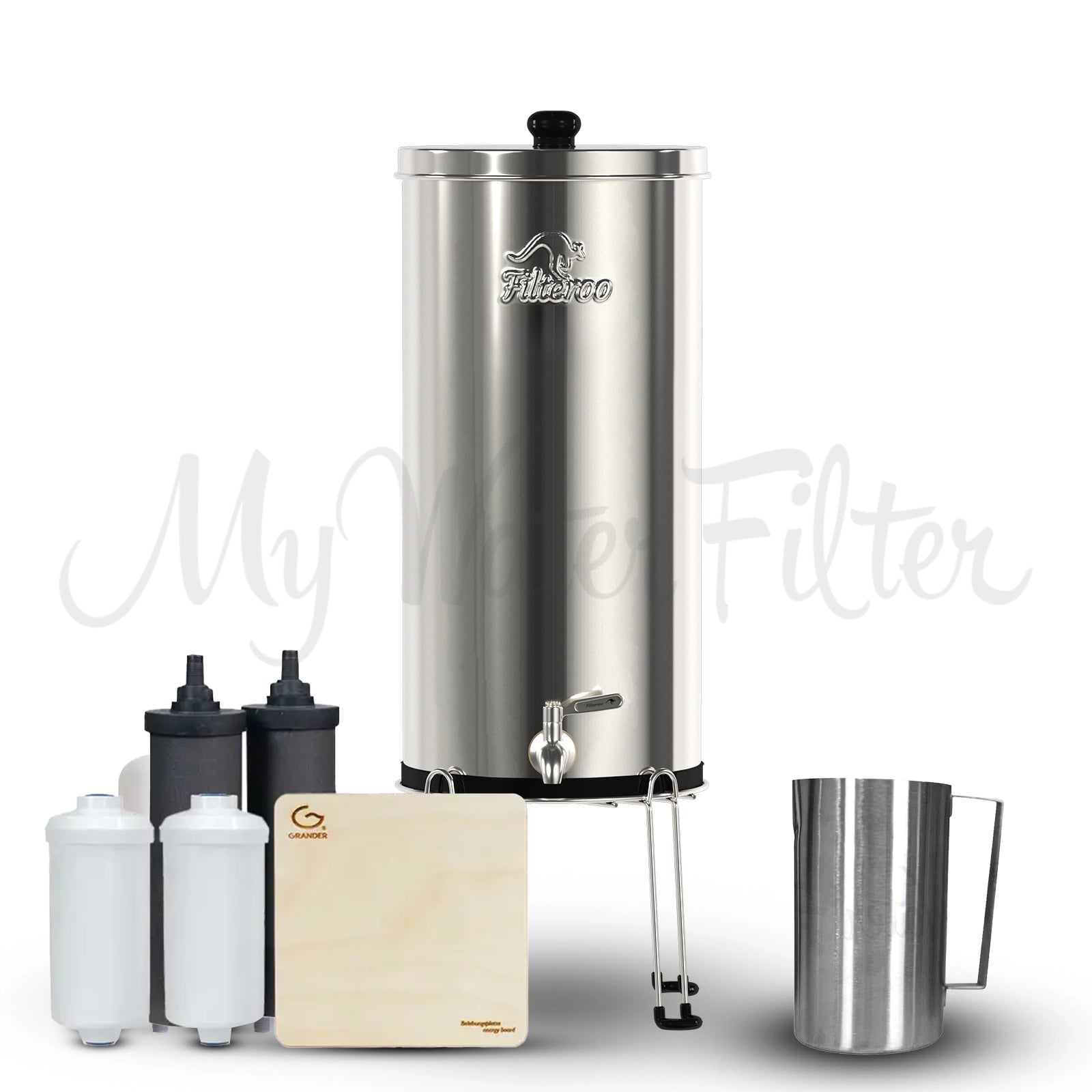Filteroo® Superoo Stainless Steel Gravity Water Filter System with the two white Max Fluoride removal cartridges and two black carbon block cartridges alongside a wooden board known as the Grander Revitalising Board and a stainless steel jug