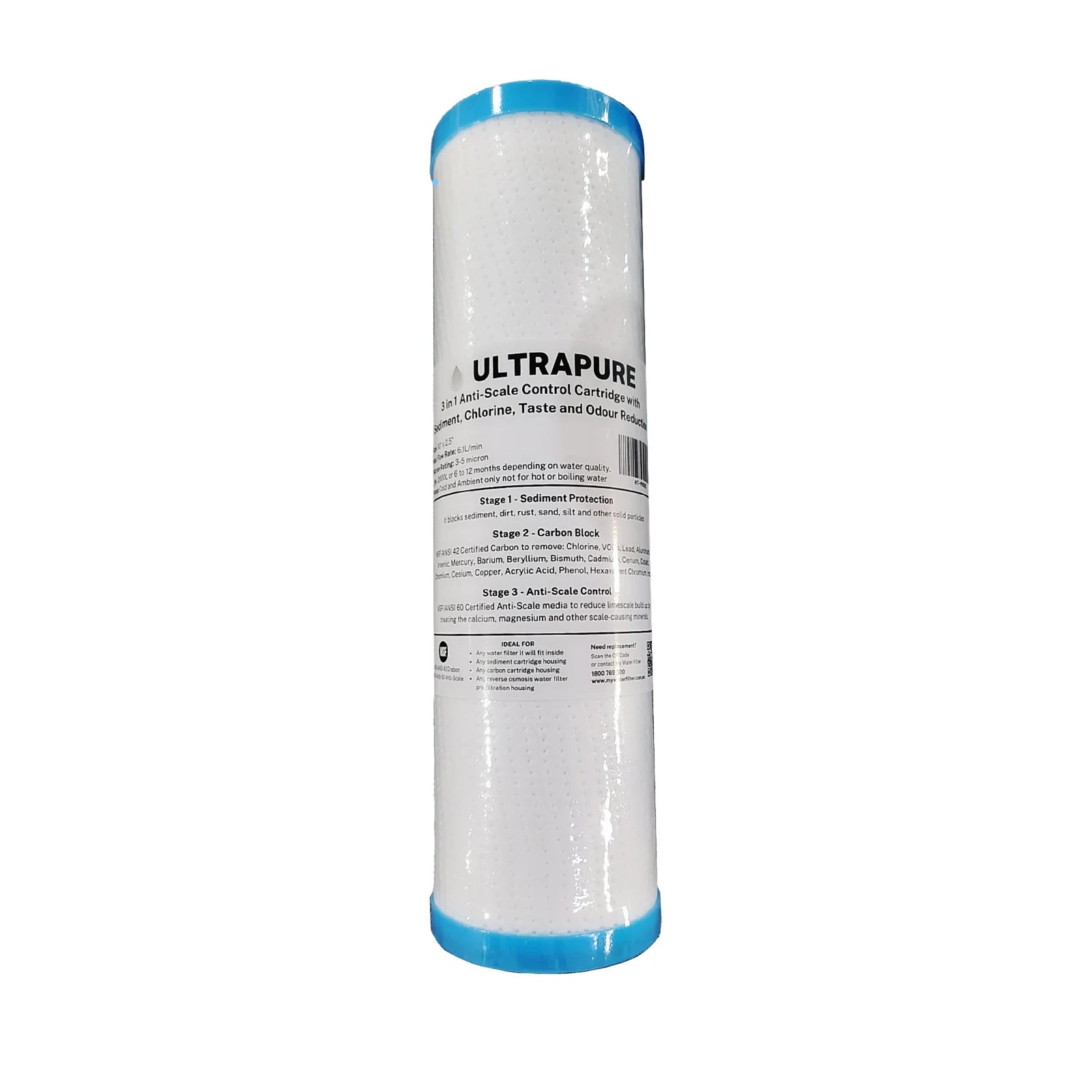 ULTRAPURE 10”x 2.5” 3 in 1 Anti-Scale Control Cartridge with Sediment, Chlorine, Taste and Odour Reduction in white background