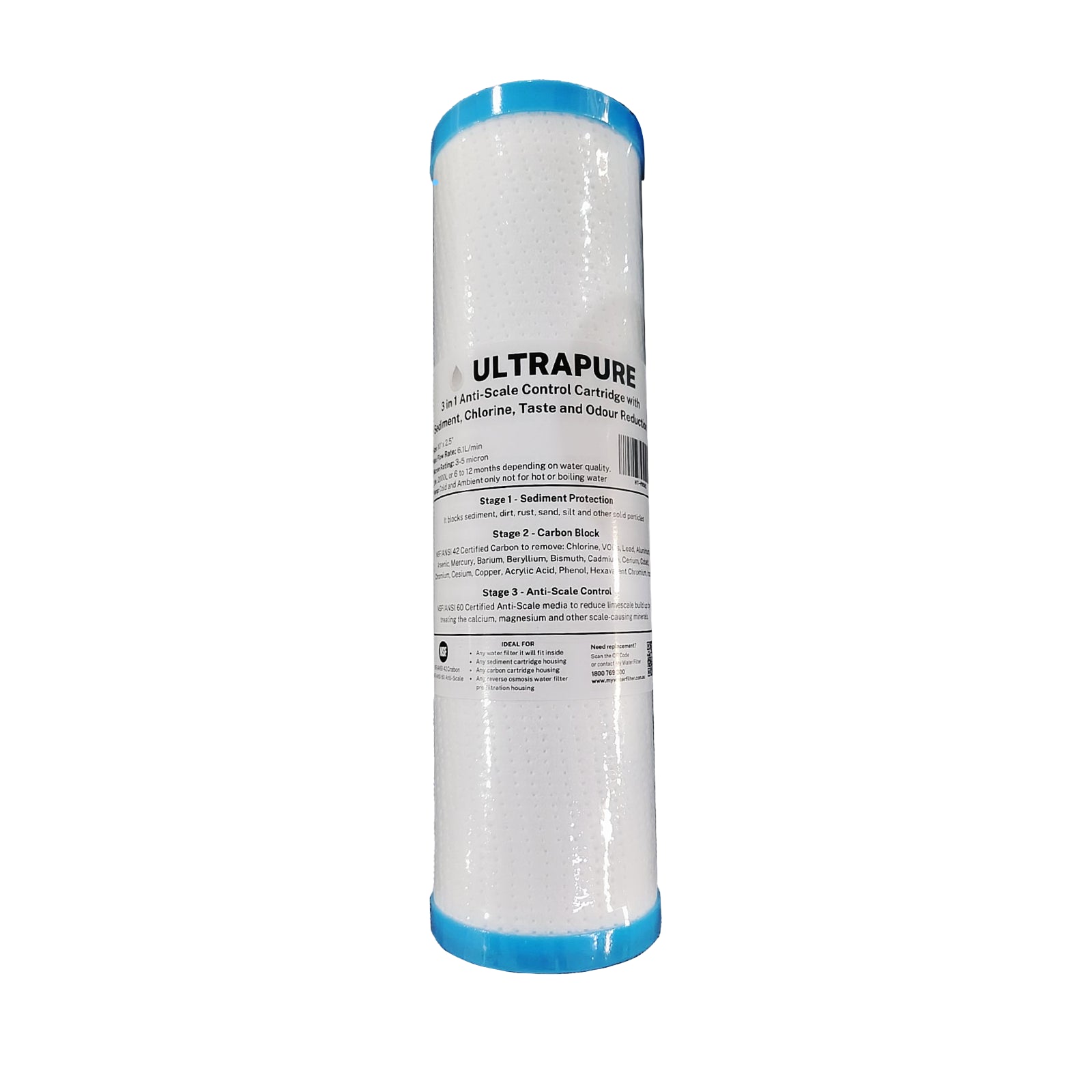 ULTRAPURE 10”x 2.5” 3 in 1 Anti-Scale Control Cartridge with Sediment, Chlorine, Taste and Odour Reduction