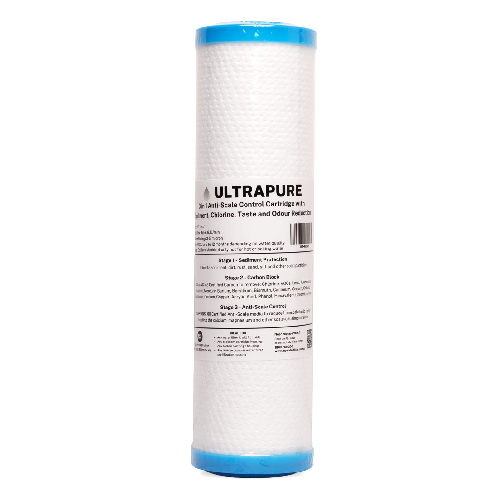 ULTRAPURE 10”x 2.5” 3 in 1 Anti-Scale Control Cartridge with Sediment, Chlorine, Taste and Odour Reduction