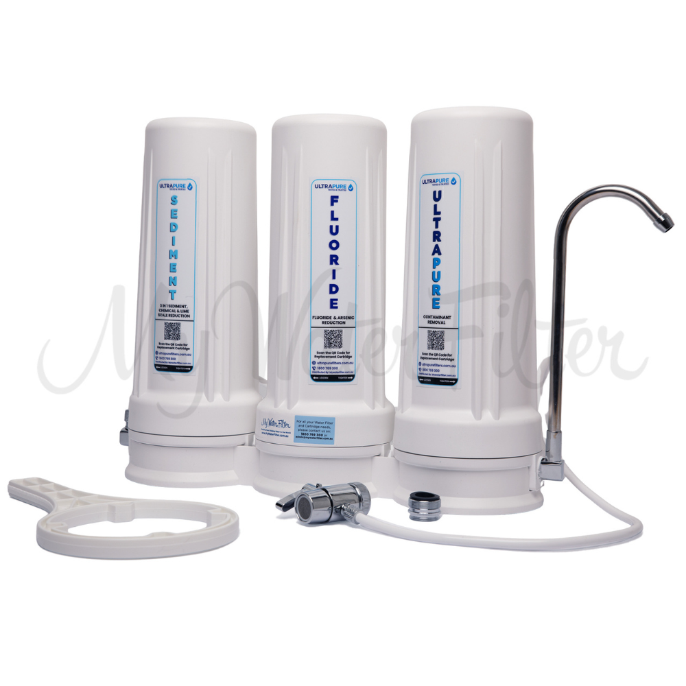 ULTRAPURE 10" Triple Benchtop City Water Filter with Fluoride Reduction & Sediment Protection with watermark