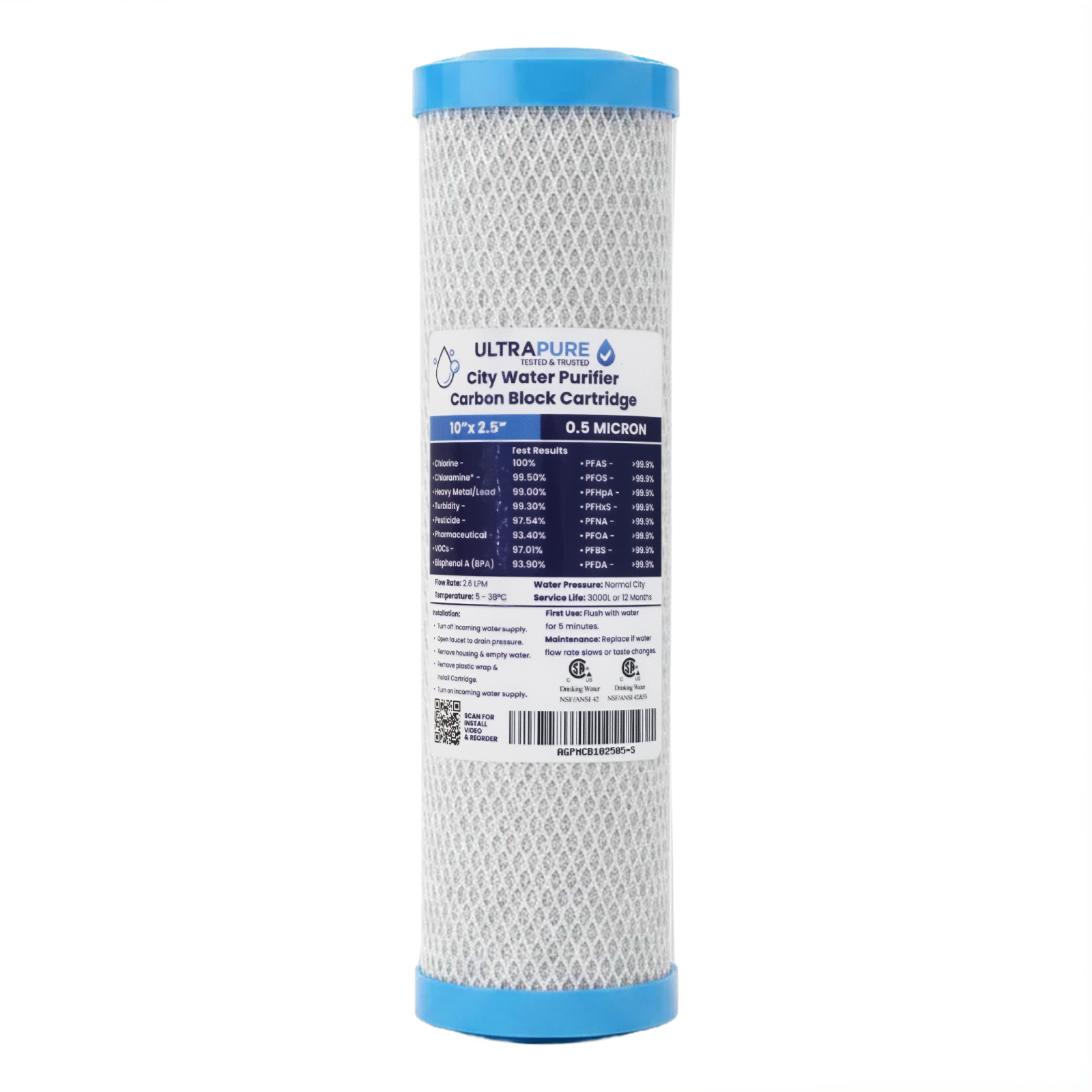 ULTRAPURE 0.5 Micron City Water Purifier Carbon Block Cartridge 10" x 2.5” in white background
