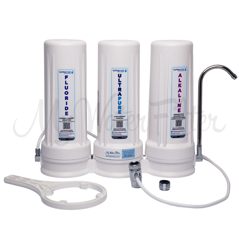 ULTRAPURE 10" Triple Benchtop Water Filter System with Fluoride Reduction & Alkaline with watermark