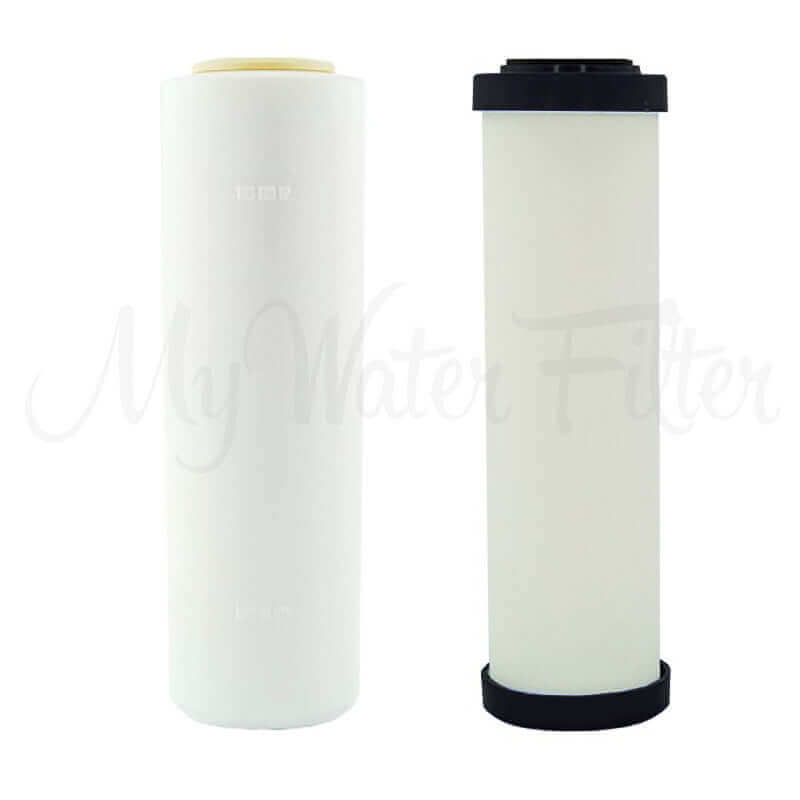 Two cylindrical Doulton water filter cartridges; a white cartridge with a yellow top is the Fluoride removal and a ceramic one with a black top Doulton Ultracarb.