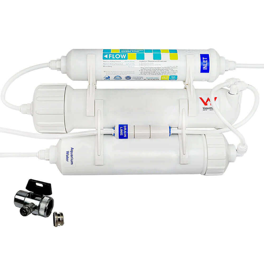 Reverse Osmosis Aquarium Water Filter System with three-stage filtration and metal adapter fitting.