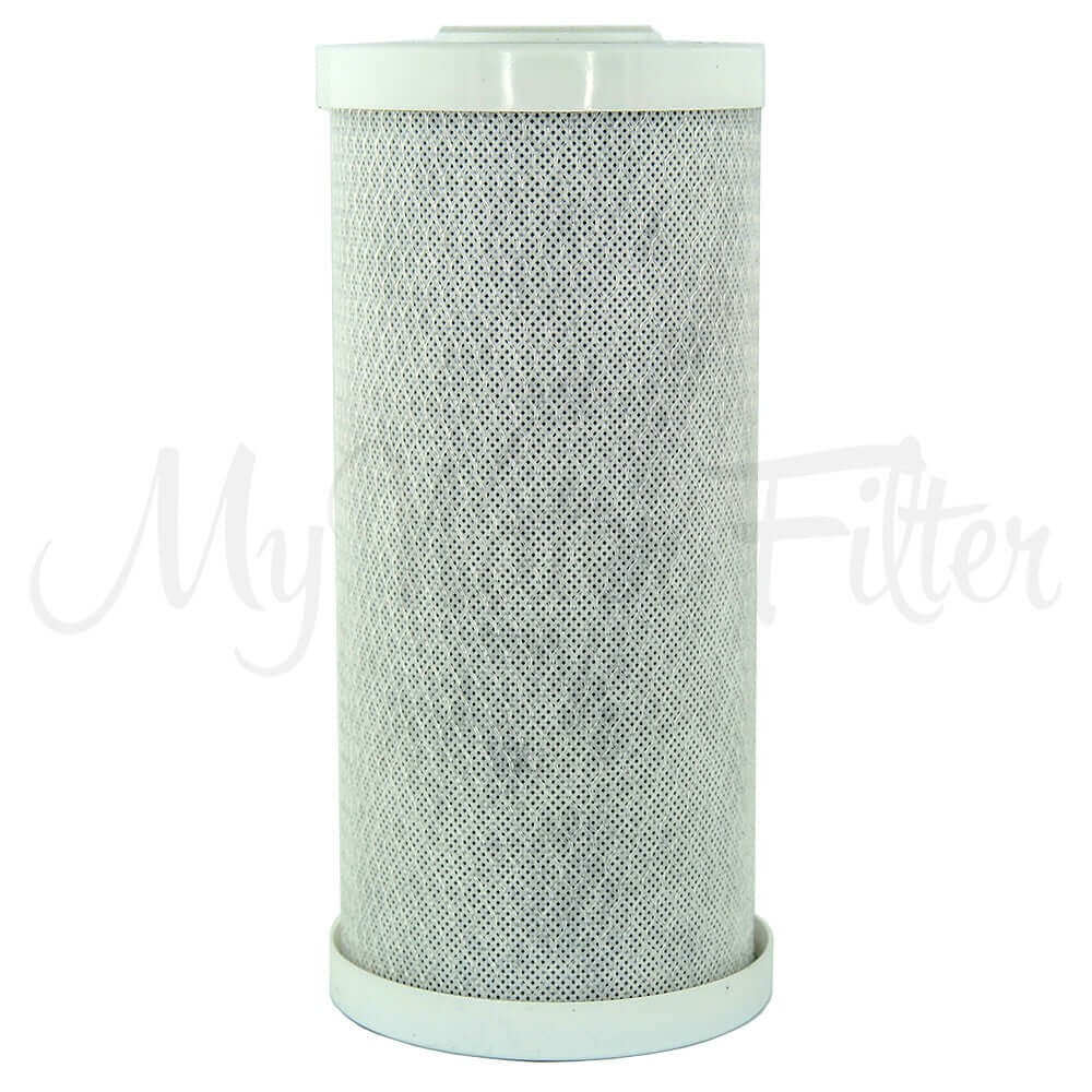 A cylindrical design with white mesh and end caps carbon block filter as part of the Replacement Cartridge for MWF 10" x 4.5" Twin Big Blue Whole House Water Filter System