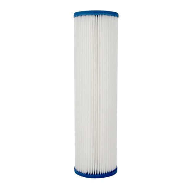 A 10 Micron Pleated Sediment water filter cartridge with a cylindrical shape and blue end caps to suit a 10" x 2.5" water filter.