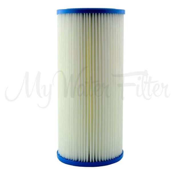 10 Micron Pleated Sediment Whole House Water Filter Replacement Cartridge, 10" x 4.5", featuring a cylindrical design with blue edges.