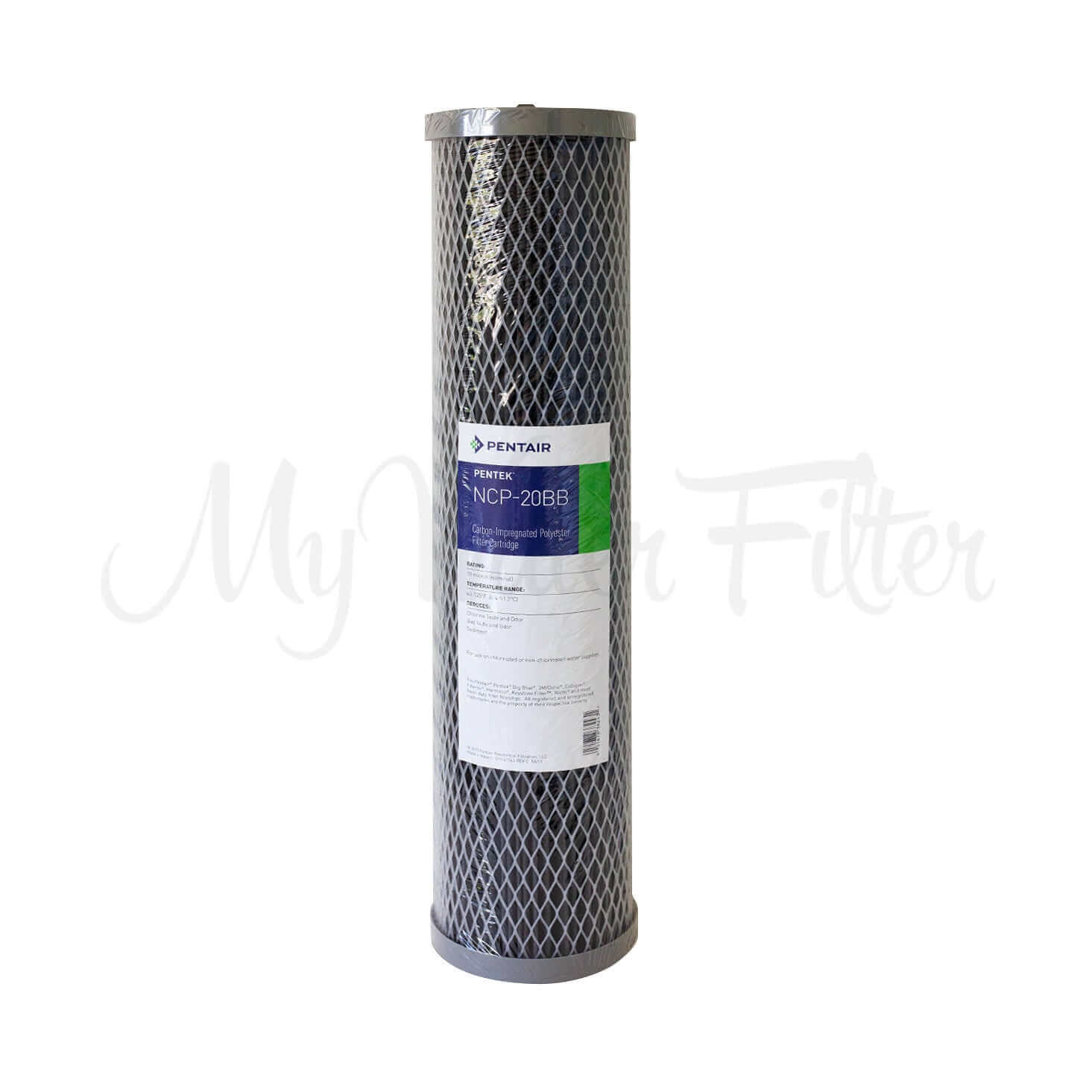 A 10 Micron Carbon Impregnated water filter replacement cartridge with a mesh pattern to suit a Whole House Water Filter 20" x 4.5".