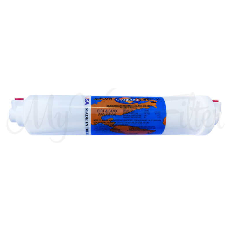 Omnipure Inline Filter K2505 SS features a blue and orange label with installation instructions, serving as a 10" water filter replacement cartridge equipped with 90-degree 1/4" push-in connections and 5-micron sediment filtration.