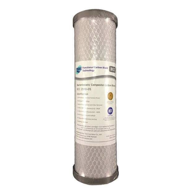 A Pure BCC silver-impregnated carbon block water filter cartridge, measuring 10" x 2.5", featuring a white label and grey end caps.