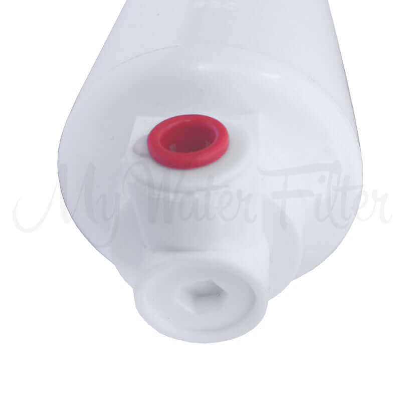Close-up of the Omnipure Inline Filter K2505 SS 5 Micron Sediment Water Filter Replacement Cartridge, featuring a white body and a red 90-degree 1/4