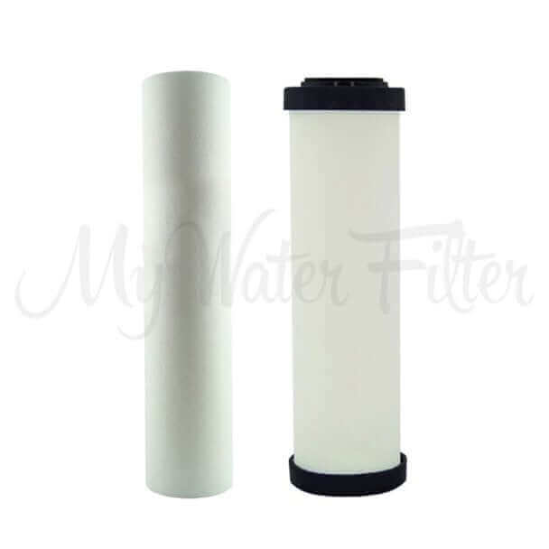 Doulton replacement cartridge pack for Ultracarb 0.5 Micron 10" includes two filter cartridges side by side: one entirely white polyspun sediment and Doulton ceramic with black caps on each end.
