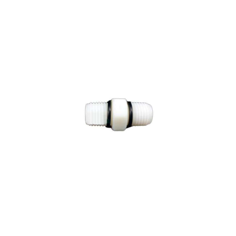 A white plastic Joiner Nipple 1/4" connector with threaded ends and a black ring in the middle