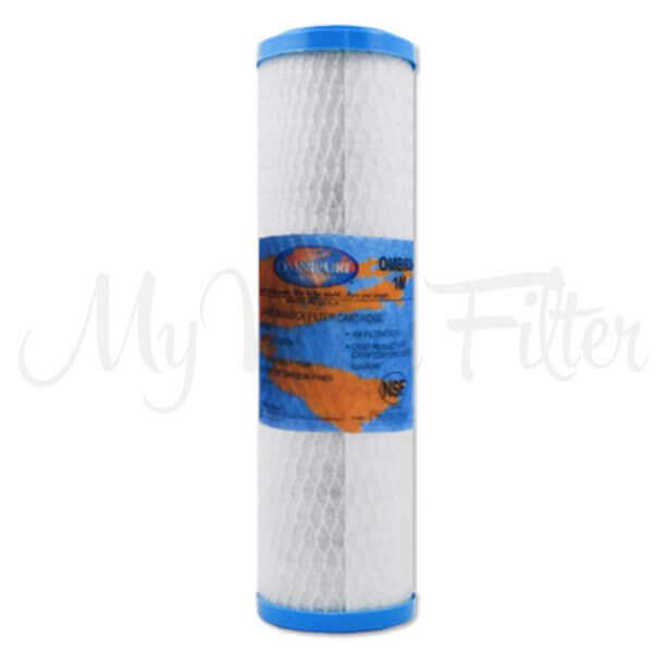 The Omnipure OMB934 Carbon Block Water Filter Replacement Cartridge by Omnipure features blue caps and a central label, set against a white background.