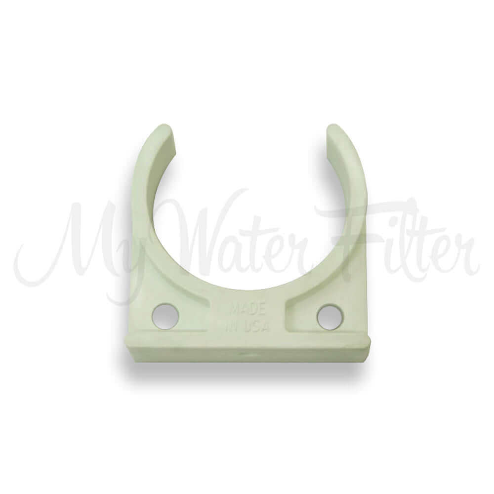 Bracket to Membrane Clip is a white plastic clamp featuring two mounting holes, designed for securing cylindrical objects.