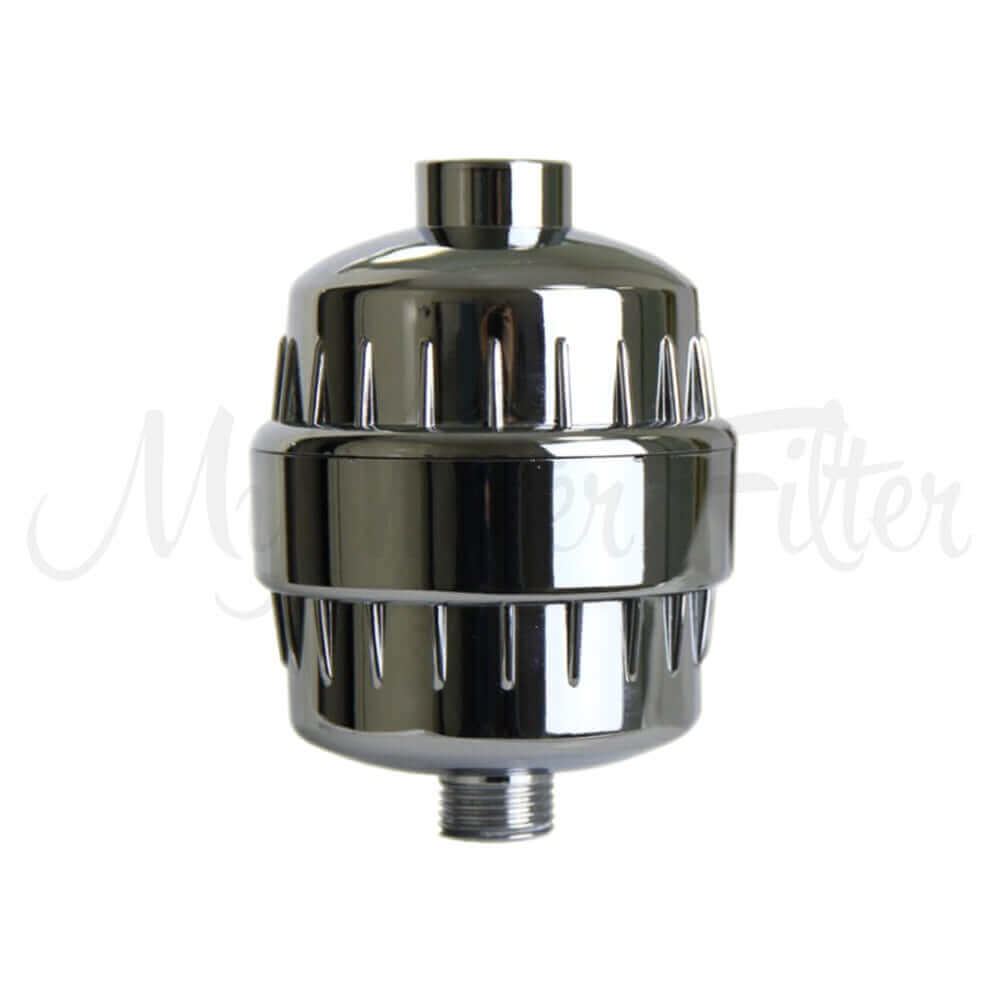 Experience chlorine-free showers with the My Water Filter Chrome Shower Filter, designed with a sleek, ribbed surface for an efficient water filtration system that enhances your daily routine.